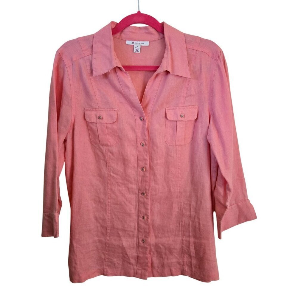 JM Collection 100% Linen Button Front 3/4 Sleeve Coral Blouse Size 10
